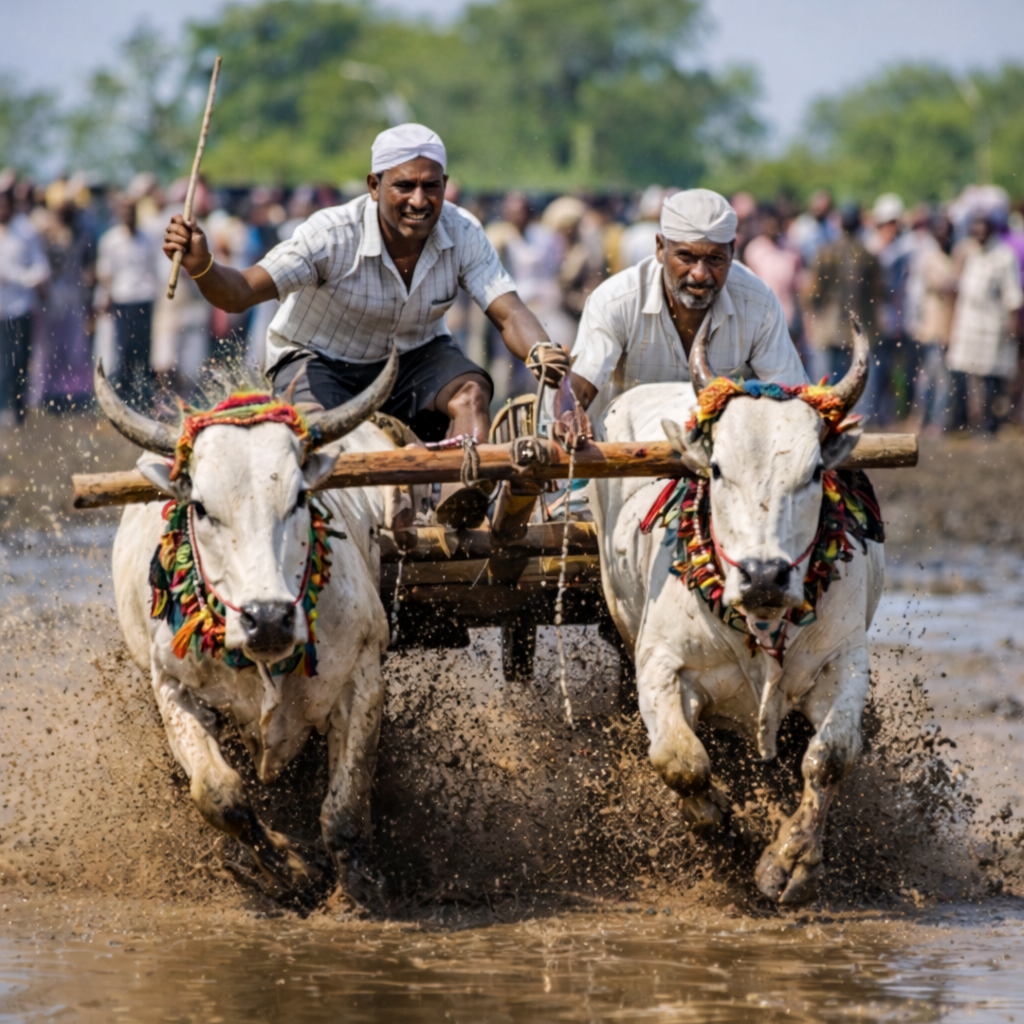 farmers racing through a muddy track