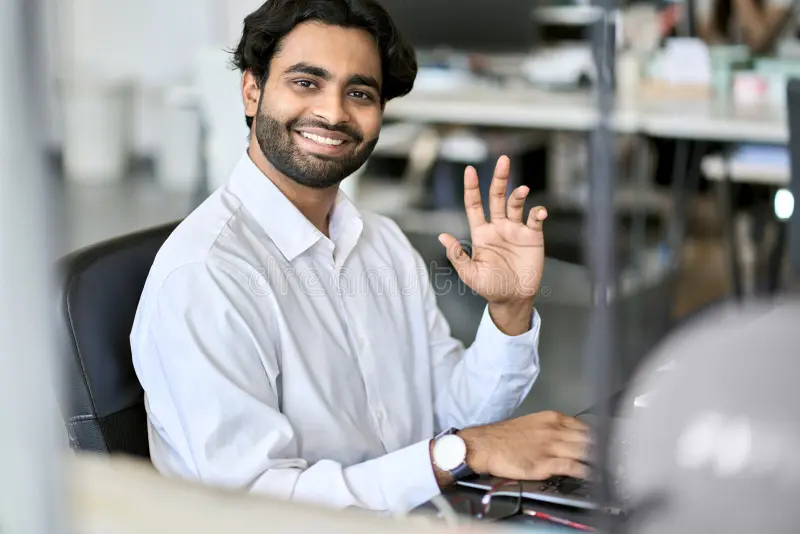 happy indian young man company employee working laptop portrait business professional manager office worker programmer 254112864